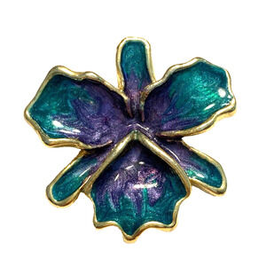 Vintage Gold Flower Brooch 1980’s Green & Blue Swirl Enamel Pin Naturalist Flora